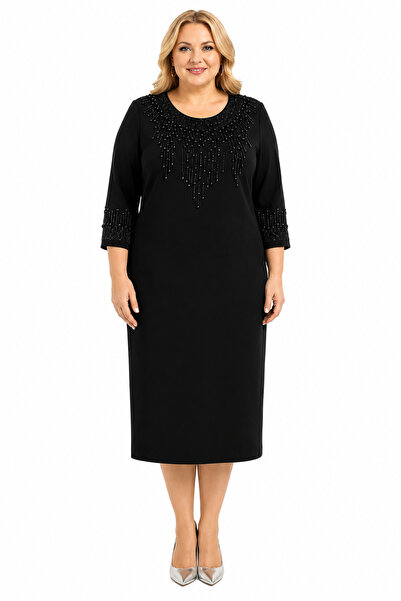 ENGIN Women's Black Plus Size Dress with Beads and Stone Embellishments