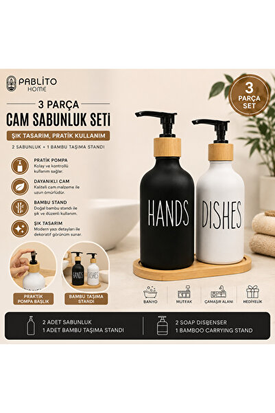 SELÇUK Pablito Home 3-Piece Glass Liquid Soap Dispenser Set – with Bamboo Sta...