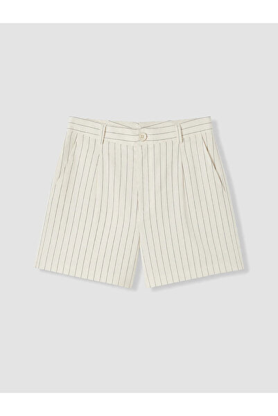 LC Waikiki Beige High Waist Striped Linen Blend Women's Shorts