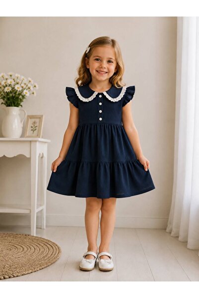 Kuzucuk Kids Bebek Çocuk Butik Kız Çocuk Lacivert Dantel Yakalı Fırfır Kollu ...