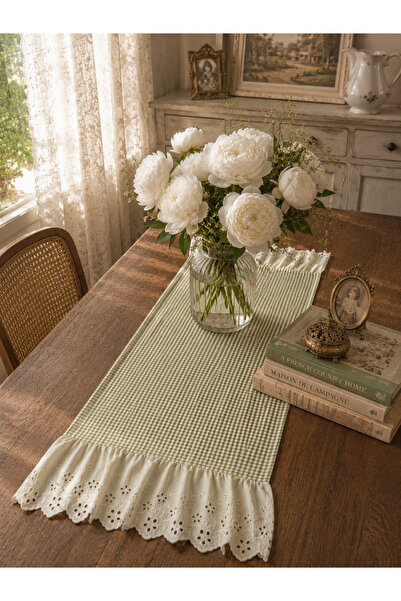 NURGİTA HOME Fırfırlı Fistolu Pitikareli Runner & Vintage Dekoratif Masa Örtü...
