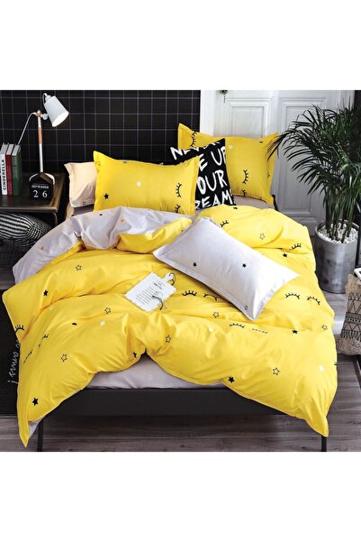 decorami Lenjerie pat dublu cu Elastic, bumbac satinat, Galben, gene, stelute