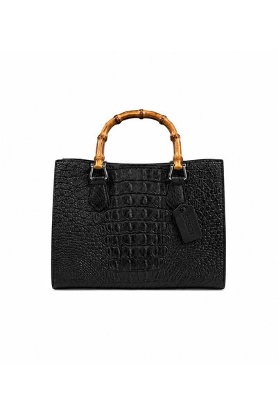 2TRENDY Women's Black Bamboo Handle Handbag with Snake Pattern