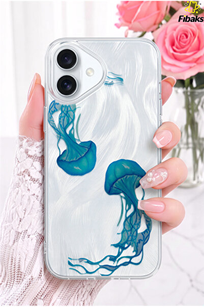 Fibaks iPhone 16 Kılıf Hologramlı Denizanası Desenli Şeffaf Silikon | İçten B...