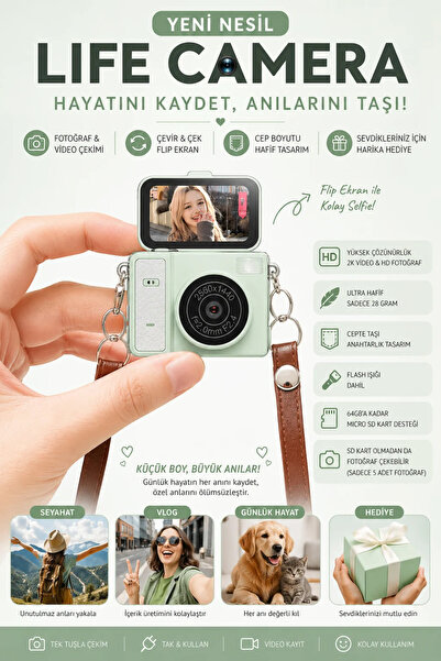 Mini Dijital Fotoğraf Makinesi Flip Life Video Foto Kamera 2K+48MP Yeşil