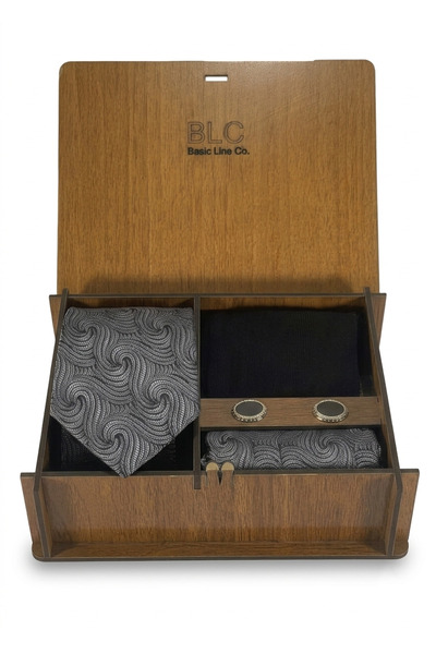 BLC Basic Line Co. Rotating Gray Color Tie Set in Wooden Box |   Tie |   Pock...