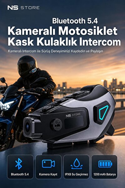NS Store Kameralı Motosiklet Kask Kulaklığı Bluetooth 5.4 Intercom IPX8 Su Ge...