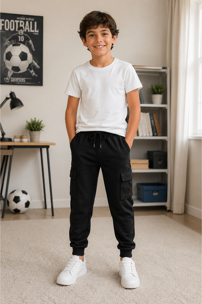 SERPİL Boys' Black Cargo Sweatpants Jogger Pants Cotton Elastic Waist Elastic...