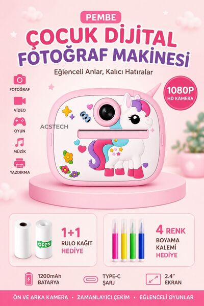 ACSTECH Fotoğraf Çıkaran Çocuk Dijital Fotoğraf Makinesi | Tek Boynuzlu At Ta...
