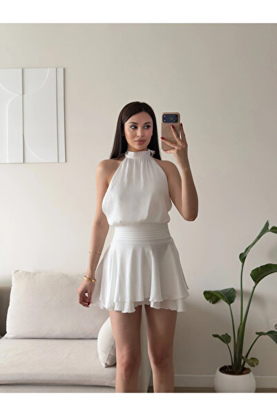 Zoom Butik Volanlı Halter Yaka Mini Elbise - BEYAZ