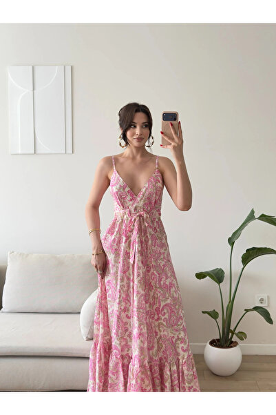 Zoom Butik Şal Desen Askılı Maxi Elbise - PEMBE