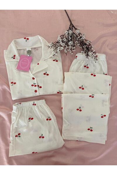 MH Moony Homewears Bela MH trešnja pamučna pidžama set od 3 dela