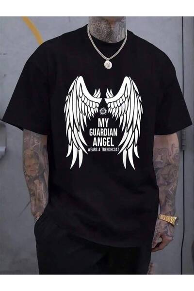 01THEONE تي شيرت صيفي للرجال من القطن 100% بطبعة My Guardian Angel Wears A Tr...