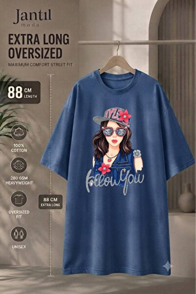 JANTIL MODA Crew Neck Follow You Written Girl Figure Extra Long Oversize Tuni...