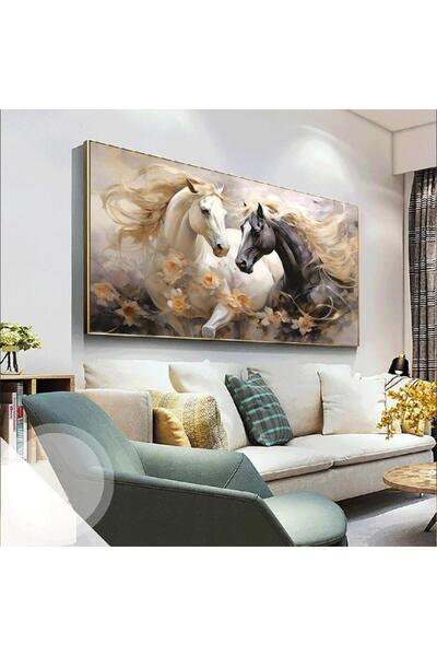 canvas لوحة جدارية خيول - اطار ذهبي