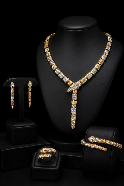 OSMANLI GÜMÜŞ Zirkon Taşlı Su Yolu Tam Set Altın Kaplama Serpent Queen Model ...