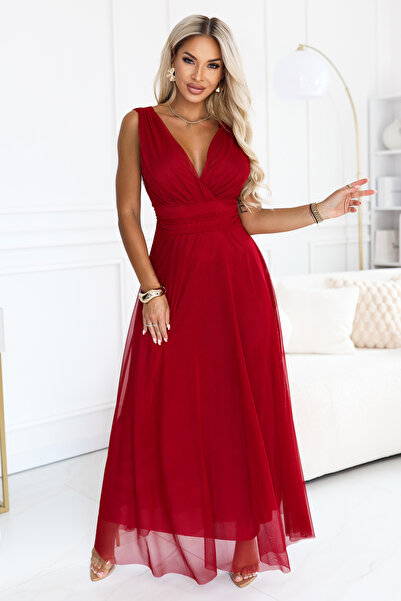Numoco Rochie maxi elegantă cu decolteu petrecut și spatele gol - bordo desch...