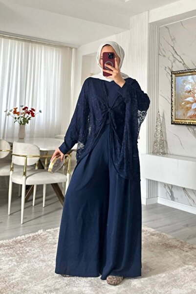 müqofficial Lace Detail Cape Set - Navy Blue