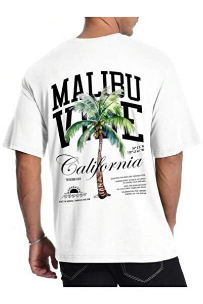 01THEONE تي شيرت رجالي برسومات مطبوعة بأكمام قصيرة من Malibu Vibe Palm Tree، ...