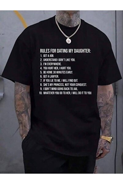 9TAY 100% Cotton Rules For Dating My Daughter List Father Daddy Men's Black V...
