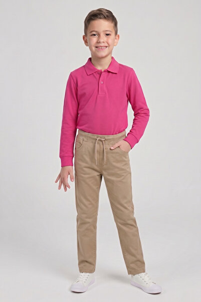 nacar çarşı Boy's Fuchsia Long Sleeve Polo Neck T-Shirt Beige Ribbed Waist Ca...