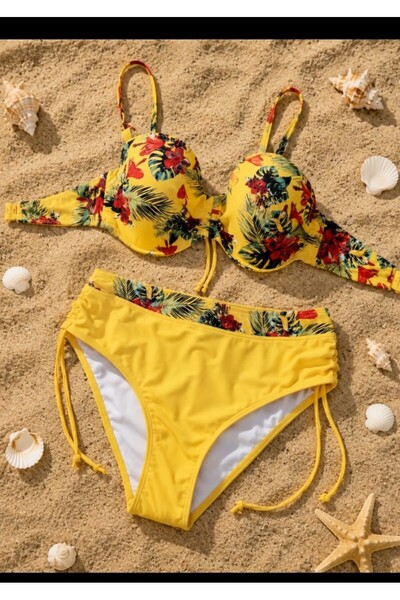 Nobrand Costum de baie damă 2 piese galben cu imprimeu floral tropical și sut...