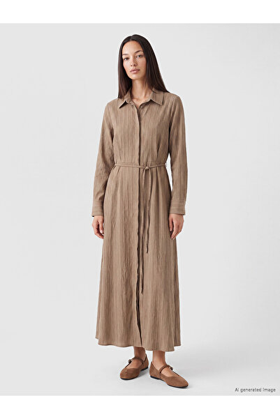 LC Waikiki Beige Striped Belted Shirt Dress