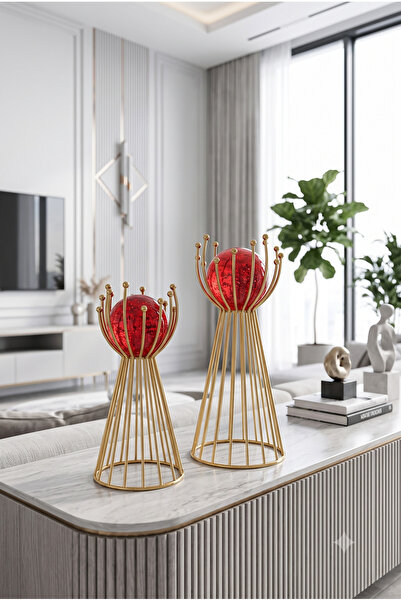 Leila Modern Gold-Kırmızı Kristal Dekoratif Küre 2'li Set