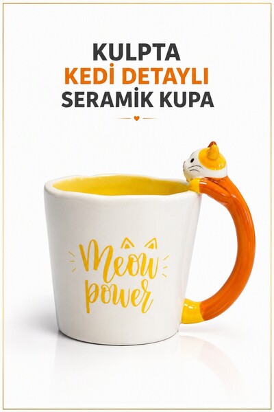 Rosie Turuncu Kedi Detaylı Kulp Beyaz Renk Yazılı Kupa 435 ml