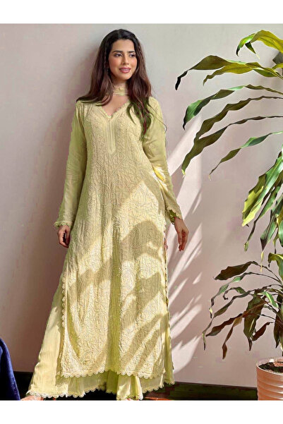 MYSMAR Light Yellow Faux Georgette Salwar Kameez & Dupatta Set - HRT5439 | Li...