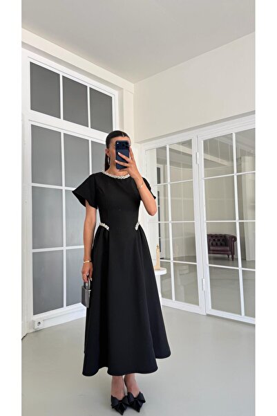 GAUS CO Siyah Taş Detaylı Midi Elbise GAUS-01683