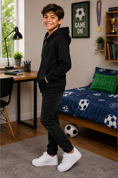 SERPİL Erkek Çocuk Siyah Kapüşonlu Fermuarlı 3 İplik Hoodie Sweatshirt Pamukl...