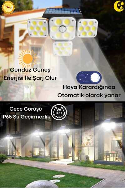 TechnoSmart 180 LED 4 Başlıklı Solar Hareket Sensörlü Bahçe Duvar Lambası 270...