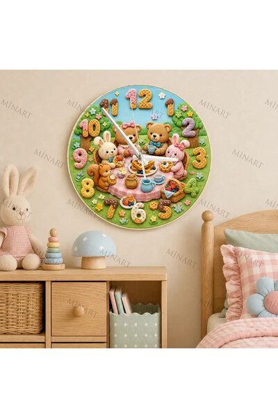 ensaat Forest Animals Tea Party Children's Room Wall Clock Silent Wooden Cloc...