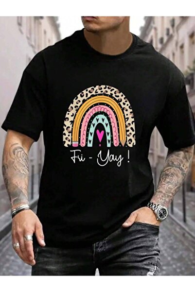 9TAY 100% Cotton Fri-Yay Weekend Friday Boho Rainbow Teacher Men's Black Vaca...
