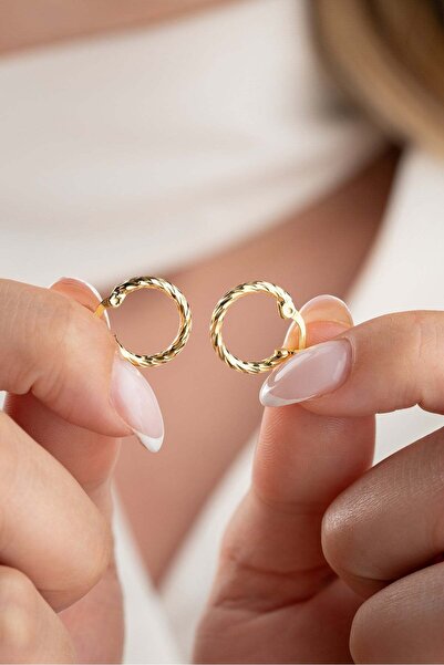 Nereze 925 Ayar Gümüş Gold Kaplama Kalemli 15 mm Şarnel Halka Küpe