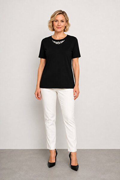 bihan store Women's Stone Embellished Short Sleeve Blouse Y23-1307 - Black