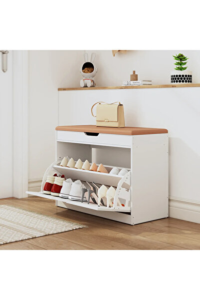 Arabest White Flip Drawer Shoe Storage Cabinet with Light Brown Cushioned Top...