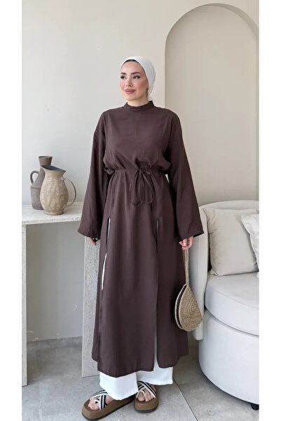 RFK Butik Kadın Seyyar Kemerli Tensel Yırtmaç Detaylı Tunik Boy Bluz - Kahver...