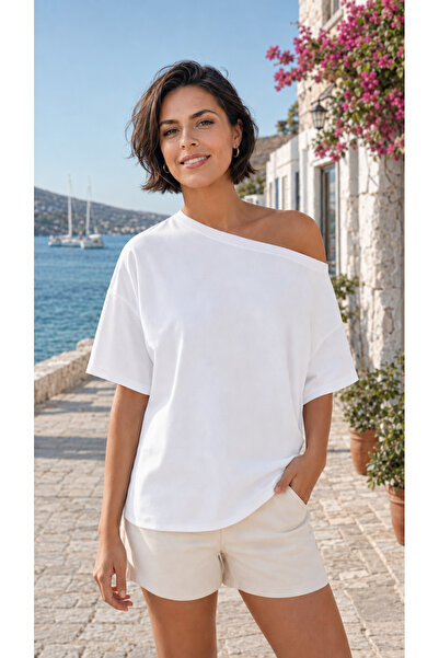 caddekombin Women's Boat Neck Oversize Casual Plain White T-Shirt / Tshirt