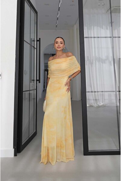 Havoş Yellow Madonna Collar Asymmetrical Cut Chiffon Dress