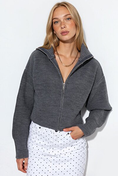 Hiccup VIORNA Cardigan Cropped Tricotat Rib Pentru Femei, Cu Fermoar