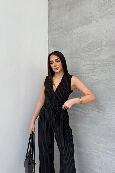 NEW STATION Women's Double Collar Sleeveless Striped Jumpsuit with Pockets an...
