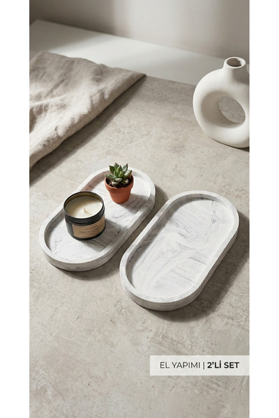 Cogo Seramik 2'li Seramik Taş Tozu Dekoratif Oval Tepsi Seti (18x9.5 cm) - Ba...