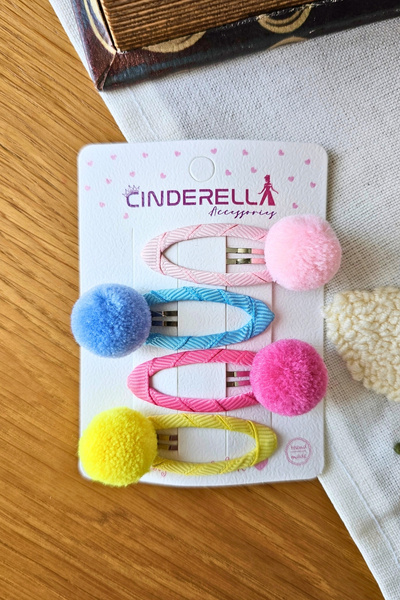Cinderella Set of 4 Pastel Colored Pompom Girls' Snap Clips 5.5cm - Cute Snap...