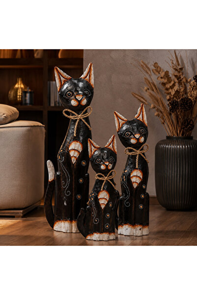 Kuzey Tacı 3'lü El Boyaması Ahşap Kedi Seti Halat Detaylı Hediyelik Kedi Heyk...