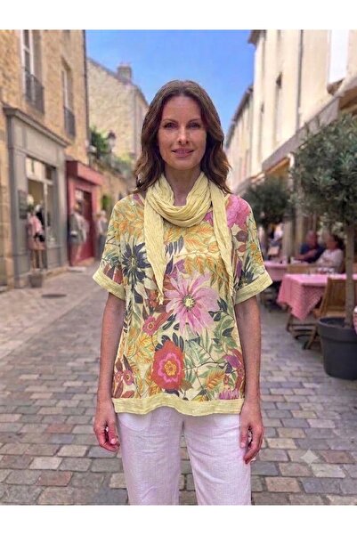 AYASOFYA OTANTIK Women's Italian Flora Patterned Loose Blouse with Sequin Det...