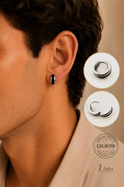 Sacce Scarves&Accessories Steel Men's Hoop Earrings Black Silver Color Curved...