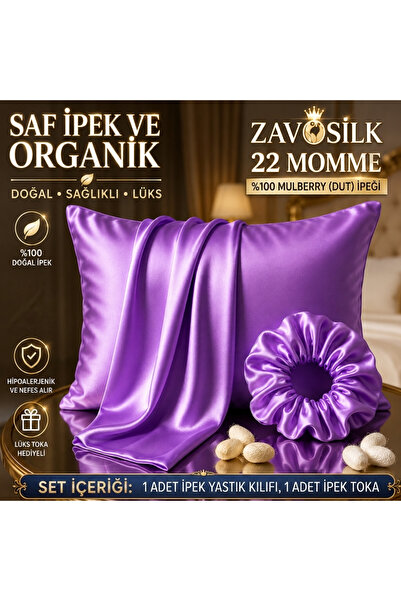 ZAVO ZAVOSILK 22 Momme Saf Dut İpeği Yastık Kılıfı Ve İpek Saç Tokası Seti - ...