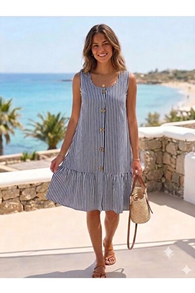 AYASOFYA OTANTIK Rochie midi fără mâneci, cu model în dungi, cu nasturi și bu...